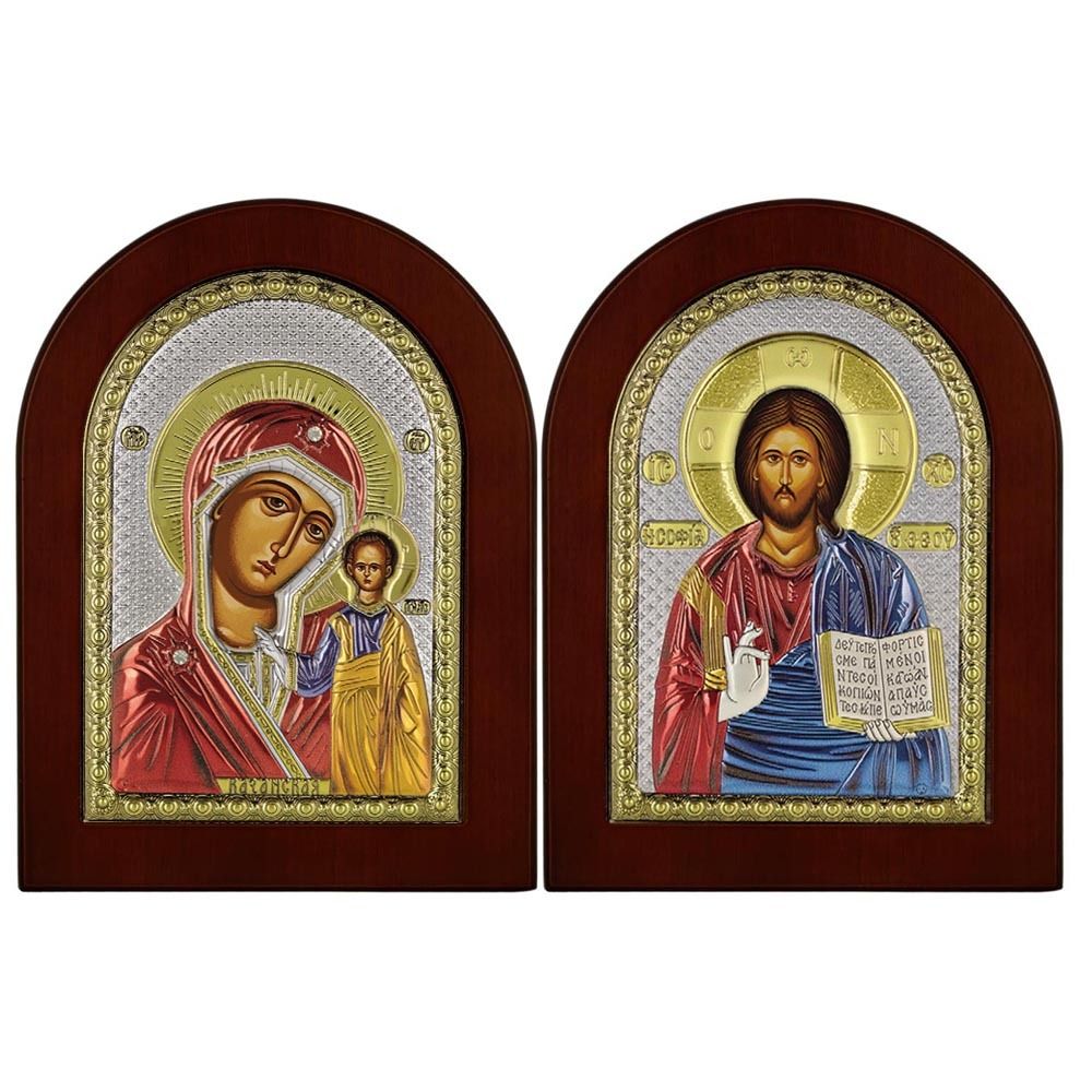 Венчальная пара: Казанская Божья Мать и Спаситель. Серебряные иконы.