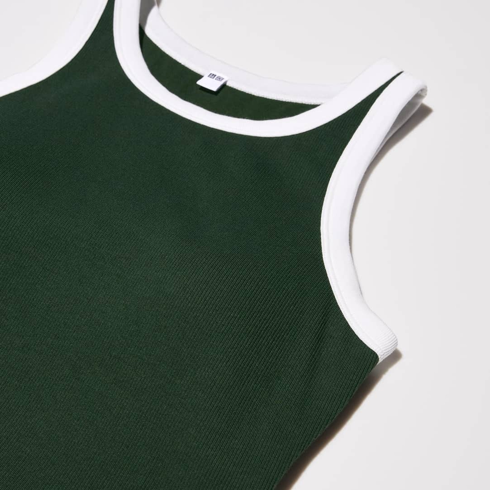 UNIQLO УКОРОЧЕННЫЙ ТОП-БЮСТГАЛЬТЕР БЕЗ РУКАВОВ В РУБЧИК, ТЕМНО-ЗЕЛЕНЫЙ