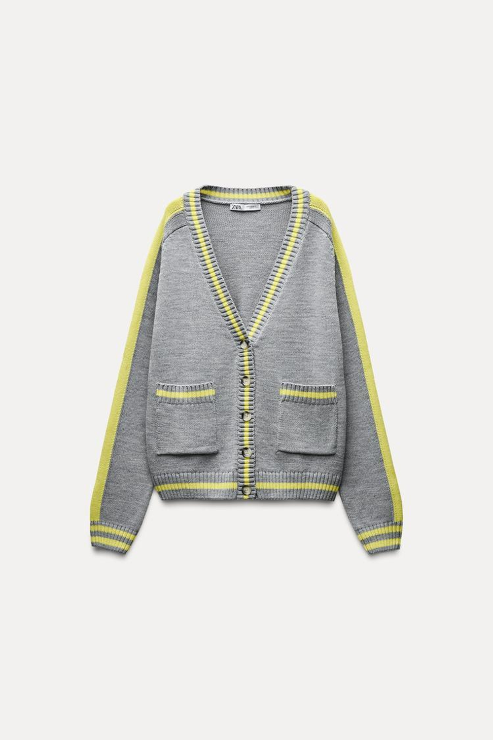 ZARA ТРИКОТАЖНЫЙ ЖАКЕТ С КАНТАМИ, СЕРЫЙ