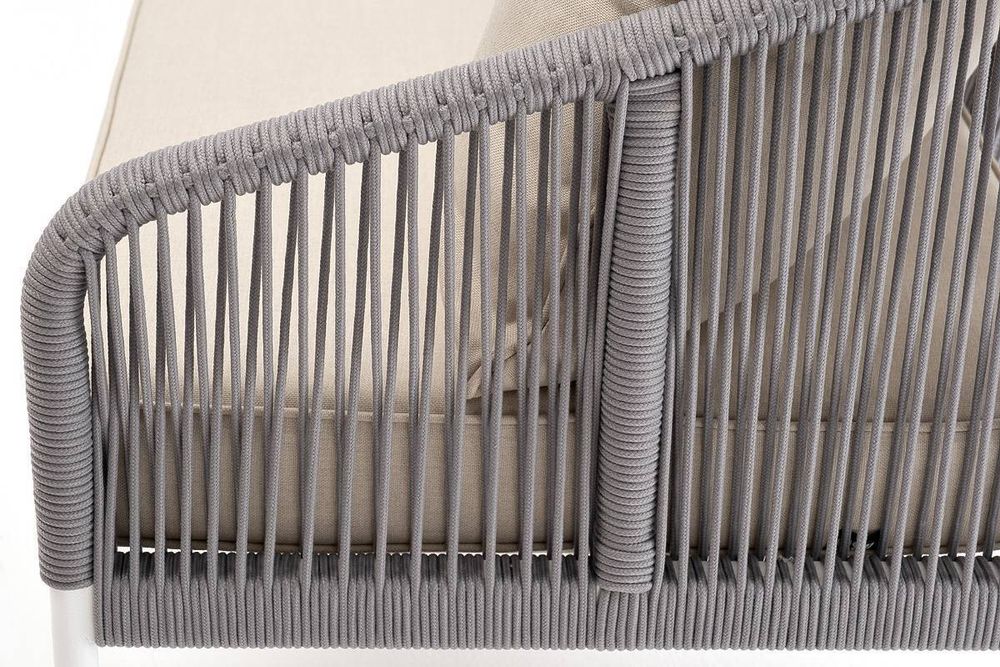 "Канны" диван 3-местный плетеный из роупа, каркас алюминий белый муар, роуп светло-серый круглый, ткань бежевая 15052