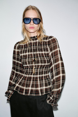 ZARA РУБАШКА В КЛЕТКУ С ЭЛАСТИЧНЫМ ЖАТЫМ УЗОРОМ, КОРИЧНЕВЫЙ/ЭКРЮ