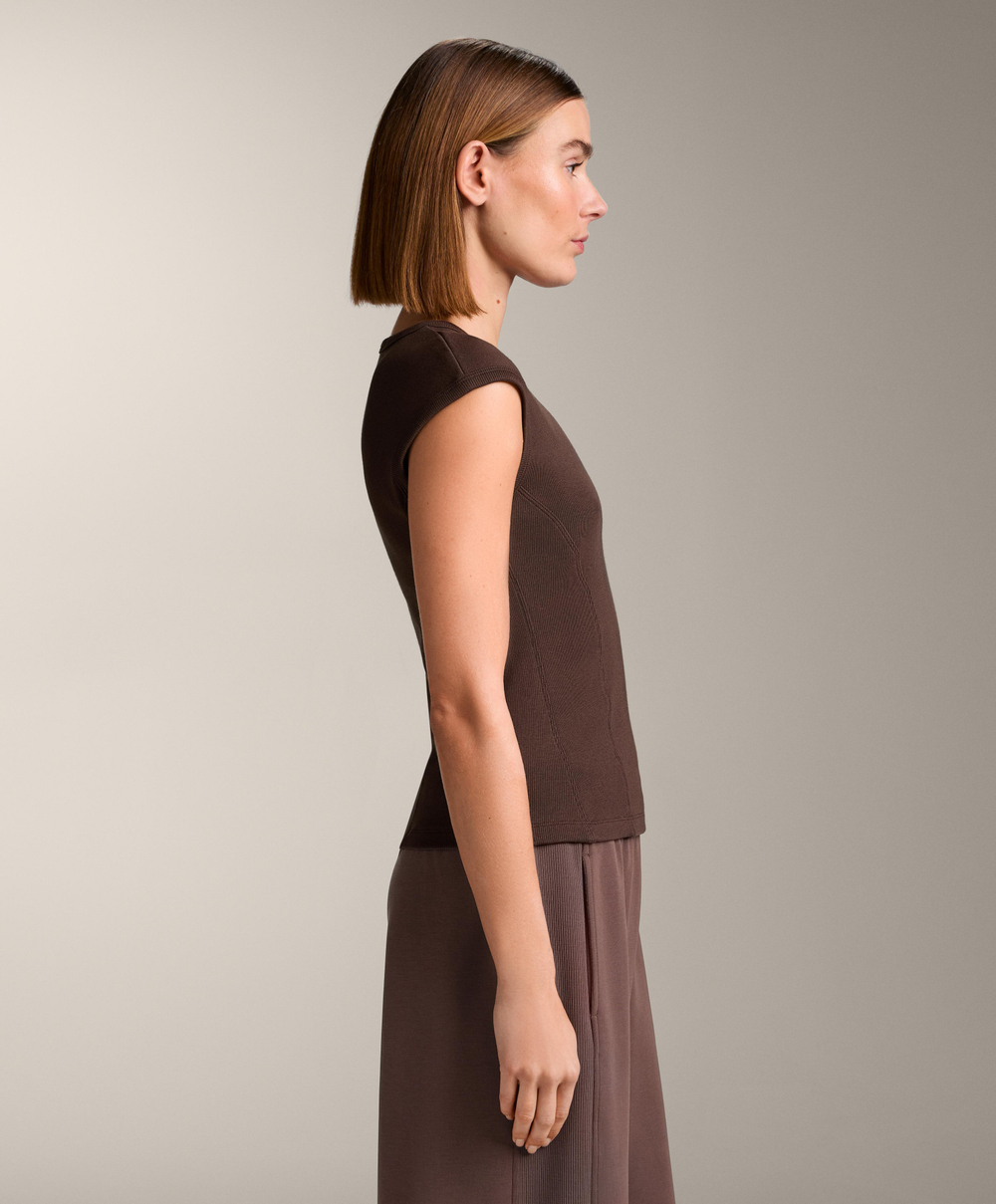 Oysho Футболка с короткими рукавами в рубчик из хлопка и модала, коричневый