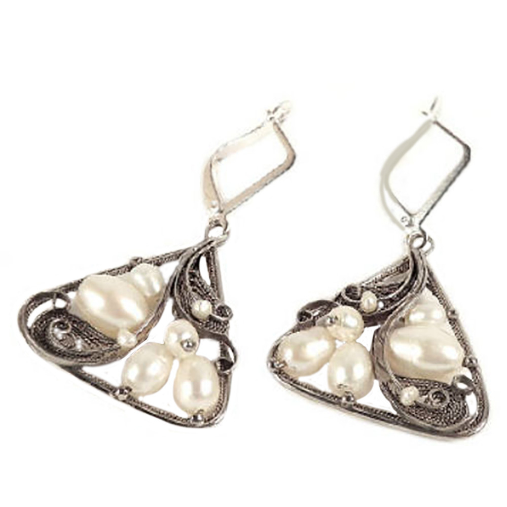 Серьги "Виола" жемчуг белый, скань