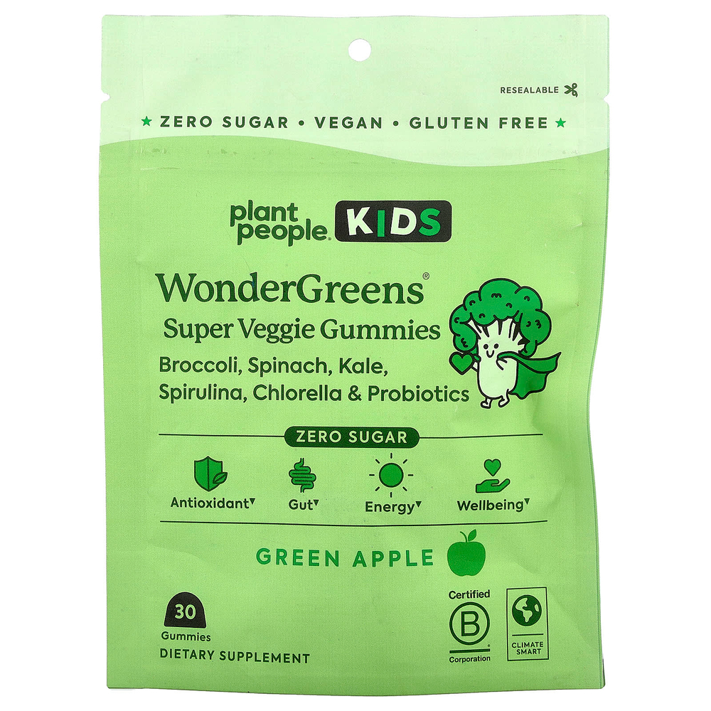 Plant People, Для детей, вегетарианские жевательные мармеладки WonderGreens, зеленое яблоко, 30 жевательных таблеток