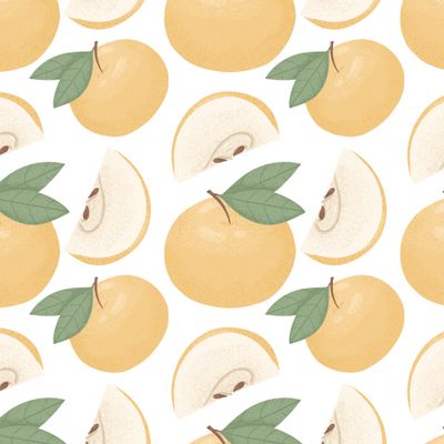 Яблочный паттерн. Желтые сочные яблоки. Летние фрукты на белом фоне.