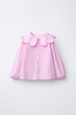 ZARA РУБАШКА В ПОЛОСКУ С ВЫШИВКОЙ НА ВОРОТНИКЕ, МЯГКИЙ РОЗОВЫЙ