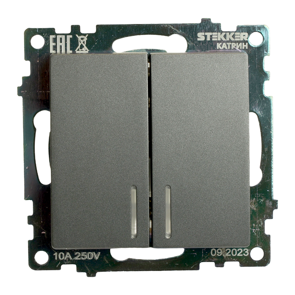 Выключатель 2-клавишный c индикатором (механизм) 250В, 10А, серия Катрин, графит, GLS10-7102-06 49409