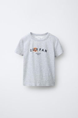 ZARA ФУТБОЛКА В РУБЧИК С ПРИНТОМ «МЕДВЕДЬ», СЕРЫЙ МЕЛАНЖ