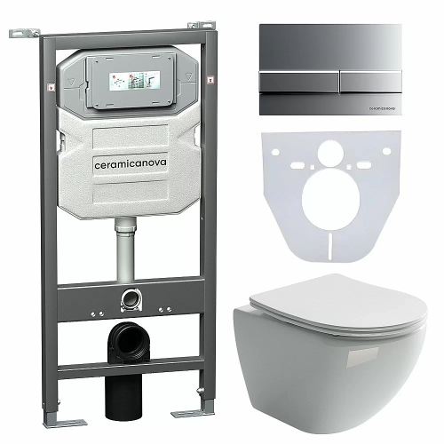 Унитаз подвесной Ceramica Nova Metropol CN4002_1002M_1000 безободковый, с крышкой микролифт, с инсталляцией и кнопкой матовый хром