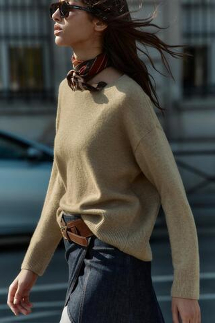 ZARA ОДНОТОННЫЙ СВИТЕР ИЗ СМЕСОВОЙ ШЕРСТИ, РЫЖЕВАТО-КОРИЧНЕВЫЙ