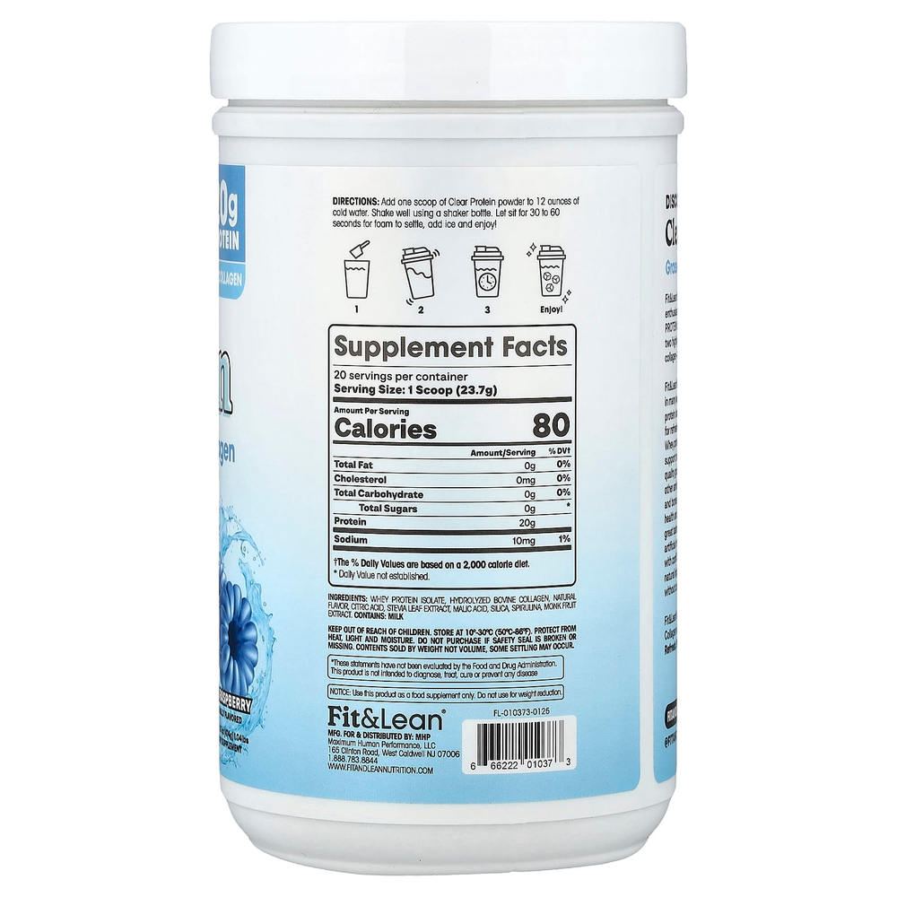 Fit & Lean, прозрачный протеин, со вкусом голубой малины, 474 г (1,04 фунта)