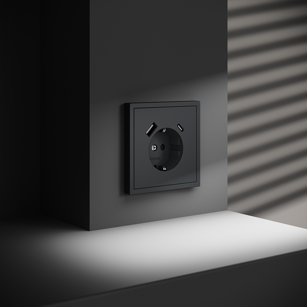 Розетка встраиваемая с заземлением и защитными шторками, 16А, с USB, A+С, (графит) Voltum S70 VLS040507