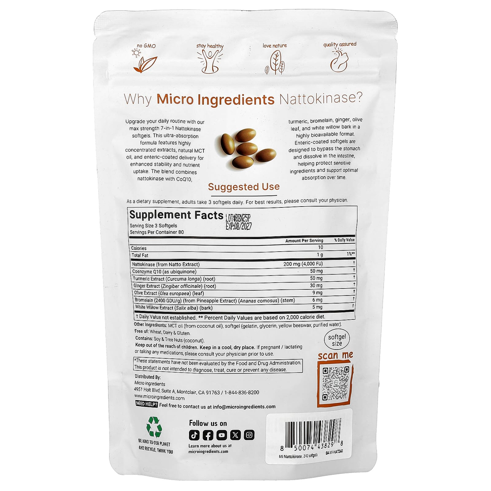 Micro Ingredients, наттокиназа, 240 капсул