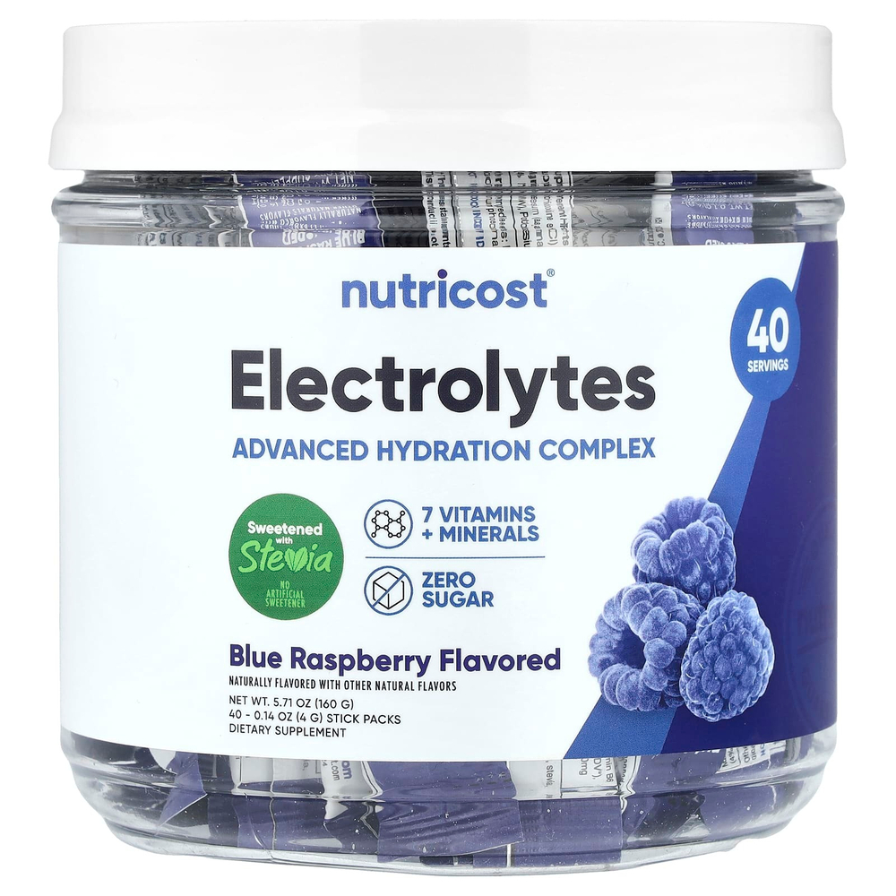 Nutricost, Электролиты, улучшенный комплекс для увлажнения, голубая малина, 40 пакетиков по 4 г (0,14 унции)