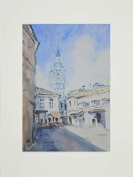 Картина авторская акварельная в паспарту 30х40 см на стену для интерьера "Дворик на Пятницкой"