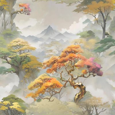 золотые деревья, японский дизайн, осень, пейзаж, горы, атмосфера