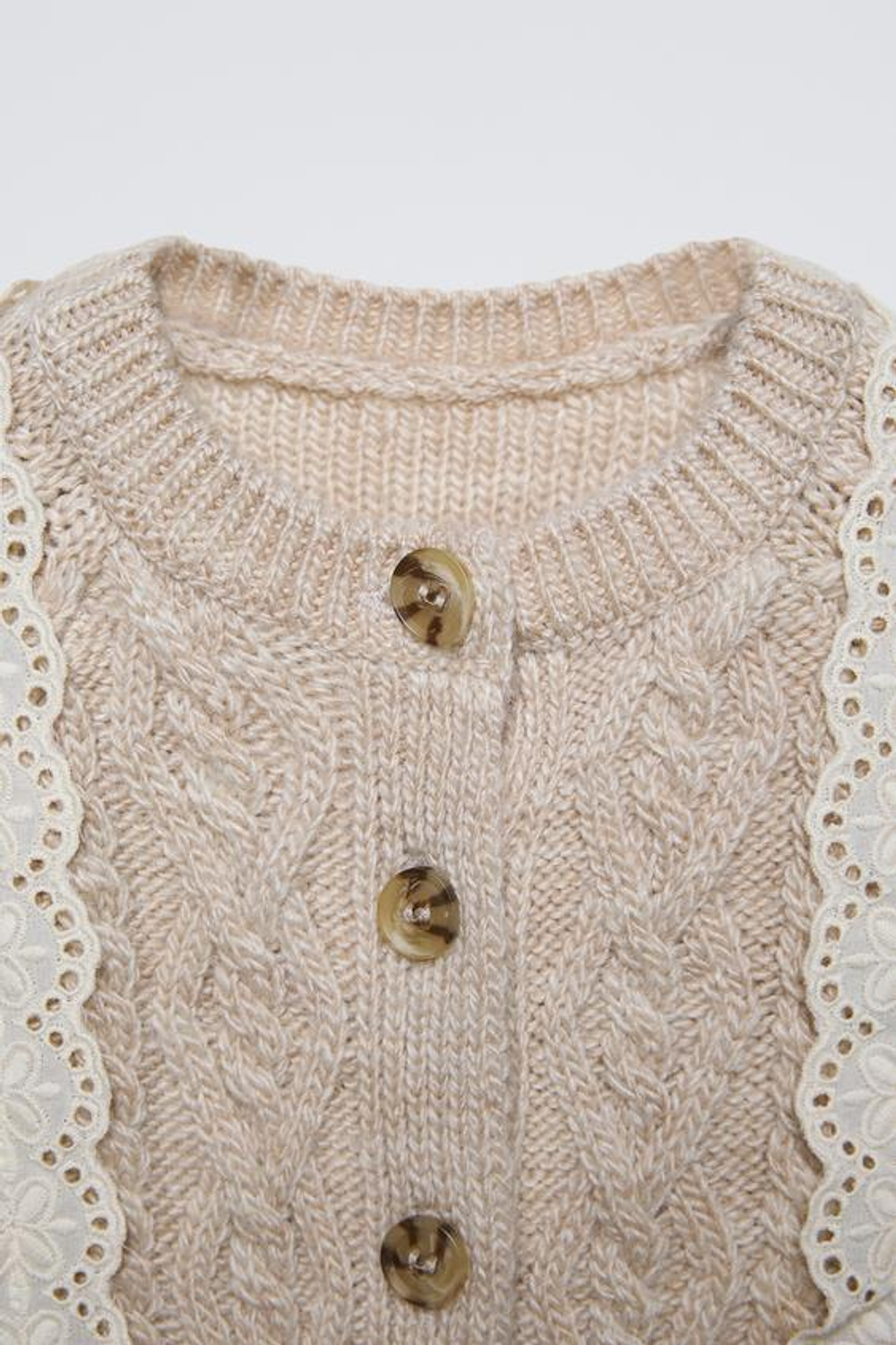 ZARA КАРДИГАН С КРУЖЕВОМ, СВЕТЛО-БЕЖЕВЫЙ