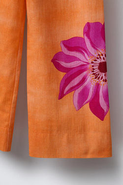 ZARA ЛЬНЯНЫЕ БРЮКИ ПРЯМОГО КРОЯ С ЦВЕТОЧНЫМ ПРИНТОМ, ОРАНЖЕВЫЙ