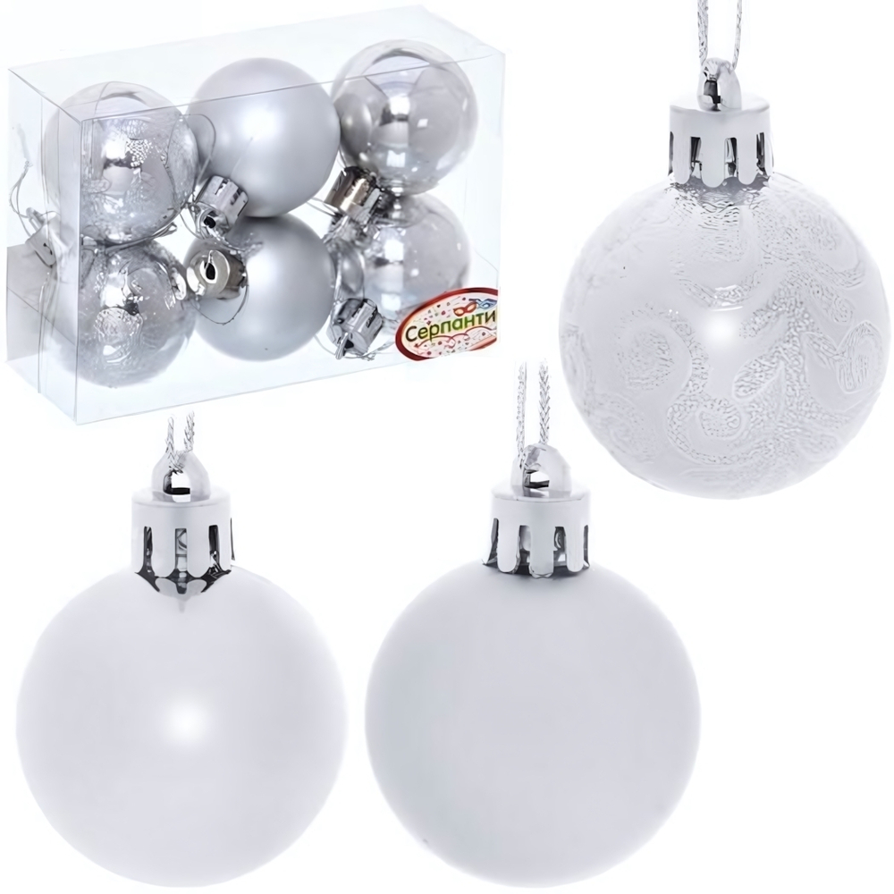 Новогодние шары 4 см (набор 6 шт) "Микс фактур", серебро (Серпантин)