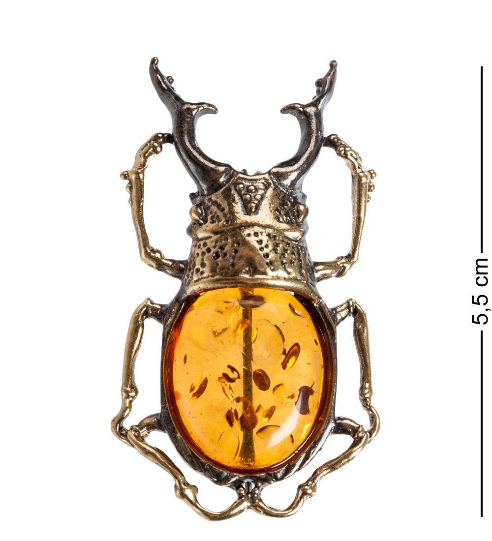 AM- 720 Брошь «Жук рогач» (латунь, янтарь)