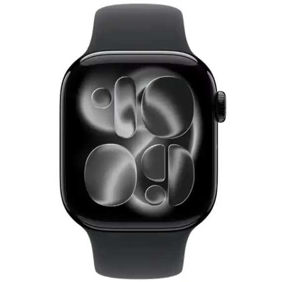 Apple Watch Series 11, 42 мм, корпус из алюминия цвета «чёрная смола», спортивный ремешок цвета «черный» S/M (MEQT4)