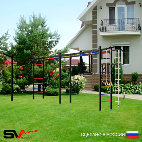Уличная шведская стенка Sv Sport рукоход х 2 с комплектом турник прямой У50833 (Турник/Брусья/Кронш бокс/Канат/кольца/лестница)