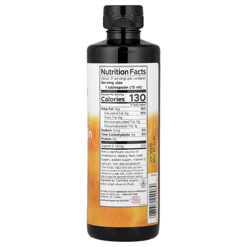 Swanson Vitamins, сертифицированное органическое нерафинированное оливковое масло высшего качества, холодный отжим, 473 мл (16 жидк. унций)