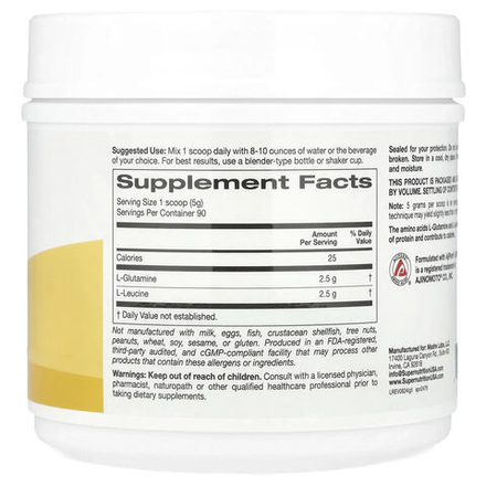 Super Nutrition, L-глютамин + L-лейцин, без добавок, 450 г (15,87 унции)