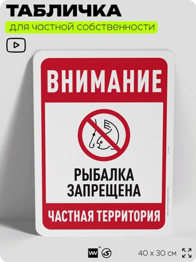 Табличка для частной территории "Внимание, рыбалка запрещена", на дом, для участка, организаций и частных территорий, предупреждающая, 40х30 см, Silver Plane x Айдентика Технолоджи