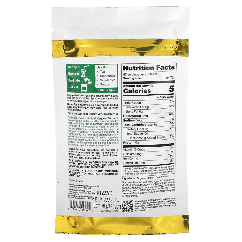 California Gold Nutrition, Superfoods, порошок из органической куркумы, 114 г (4 унции)