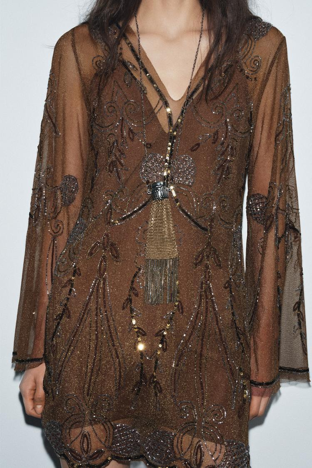 ZARA ВЫШИТОЕ ПЛАТЬЕ ZW COLLECTION LIMITED EDITION, КОРИЧНЕВЫЙ