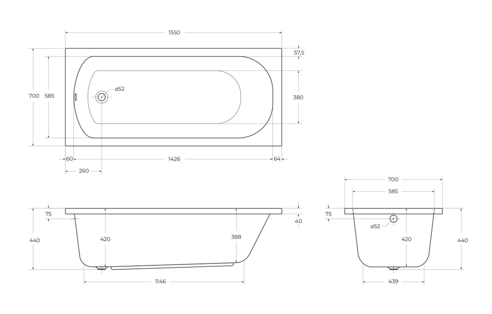 Ванна акриловая Cezares ECO-155-70-41-W37 с металлическим каркасом ECO-155-70-MF-R