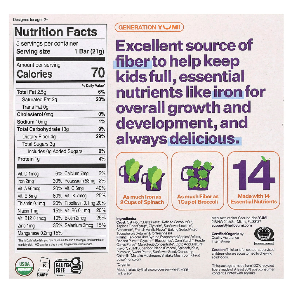 Yumi, органический батончик, для малышей, голубика и фиолетовая морковь, 5 батончиков по 21 г (0,74 унции)
