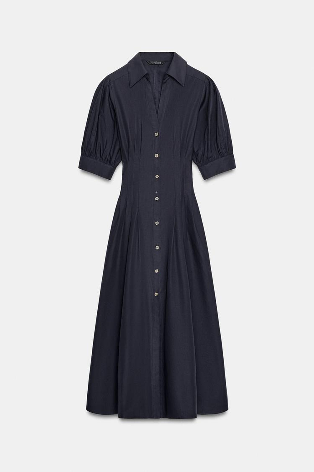 ZARA ПЛАТЬЕ МИДИ ИЗ ПОПЛИНА С ОБЪЕМНЫМИ РУКАВАМИ, МОРСКОЙ СИНИЙ