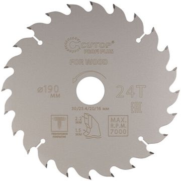 Диск пильный по дереву с тефлоновым покрытием 24Т, CUTOP Profi plus, 190 х 1,5/2,2 х 30/25,4/20/16 мм