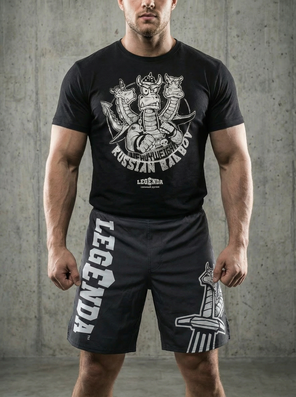 Футболка спортивная хлопковая мужская черная LEGENDA Горыныч белый