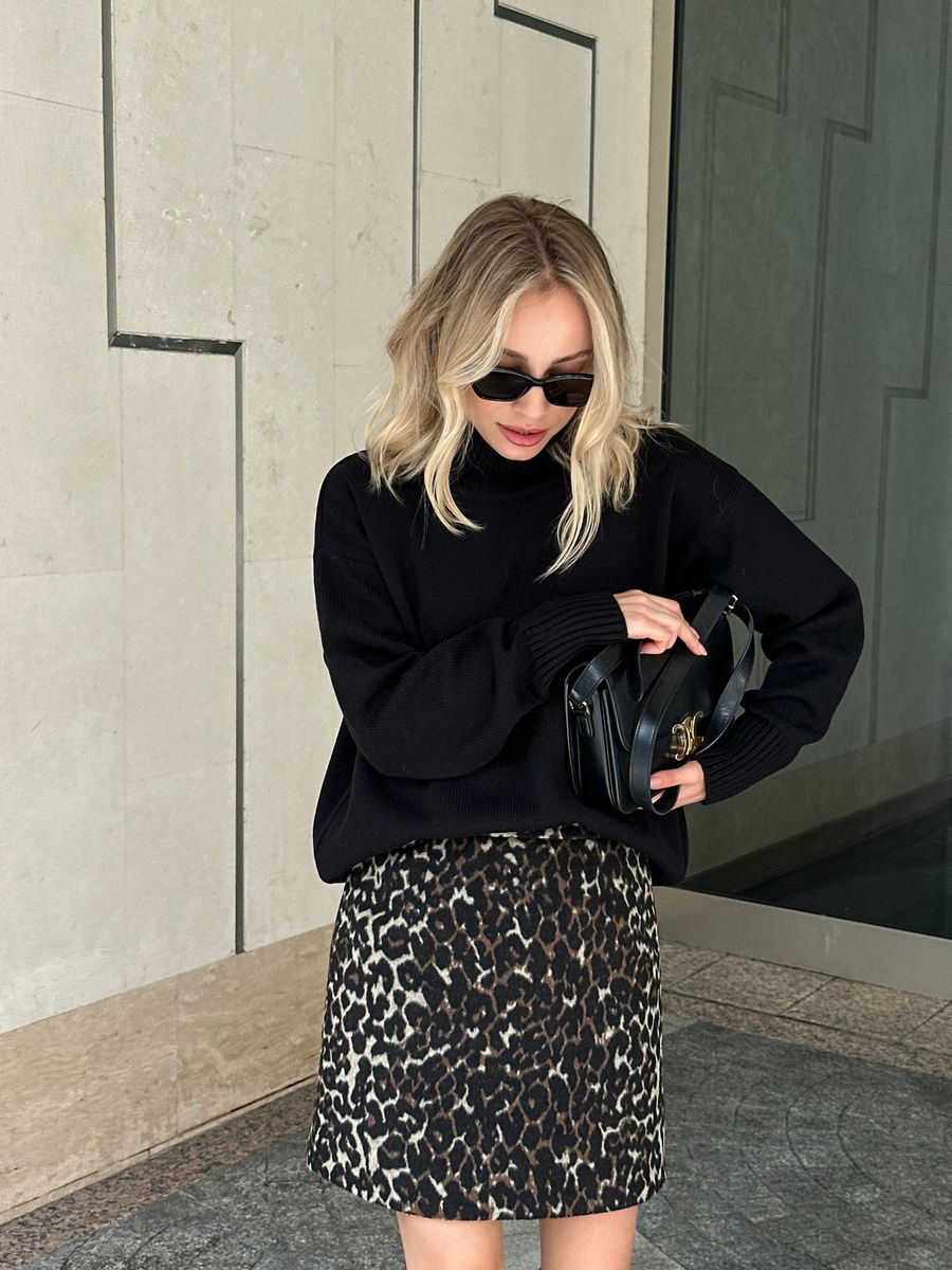 Юбка из смесовой шерсти на поясе мини леопард