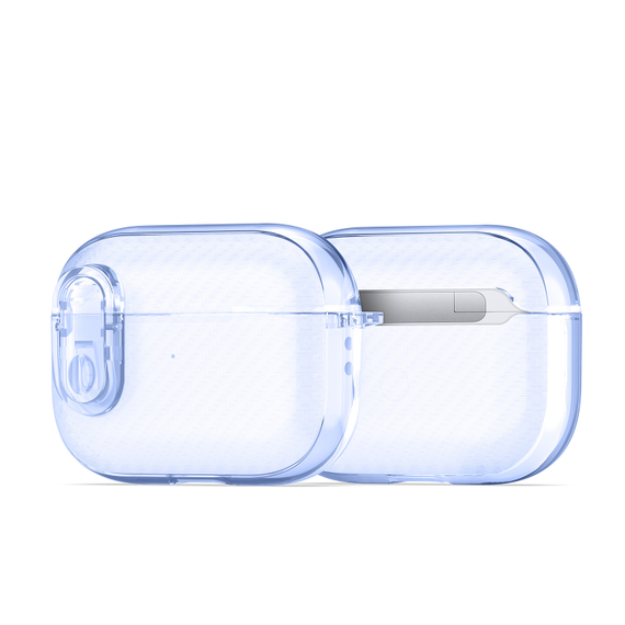 Чехол для наушников AirPods Pro 2, прозрачный синий цвет с карбоновой текстурой от Dux Ducis, серия PECK Series Case, в комплекте с карабином
