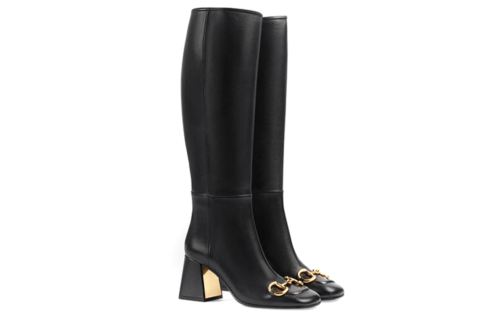 GUCCI Horsebit Knee High Boots 7.5cm Women"s Black