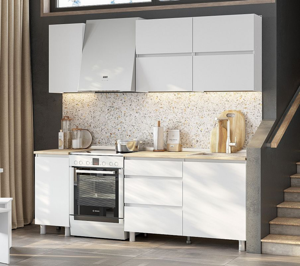 Кухонный гарнитур 2м модульный Белый текстурный/Тростник,200х215 см токио Астрид-Мебель