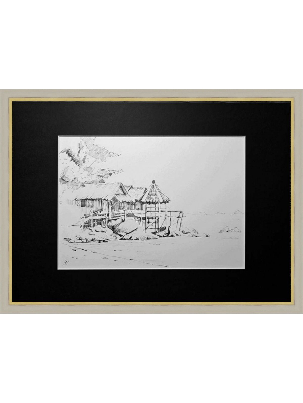 Картина, графика в паспарту 21х30 см на стену для интерьера "Хижины на сваях"