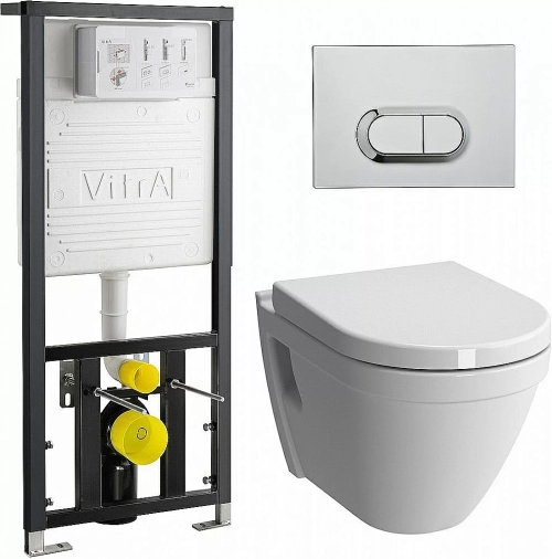 Унитаз подвеснойVitra S50 Rim-Ex безободковый, с инсталляцией, с крышкой микролифт, кнопка хром глянцевый