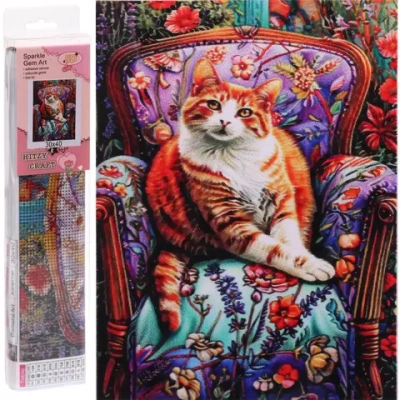 Алмазная мозаика в рулоне 30*40см полная выкладка «DIAMOND», Котик в кресле