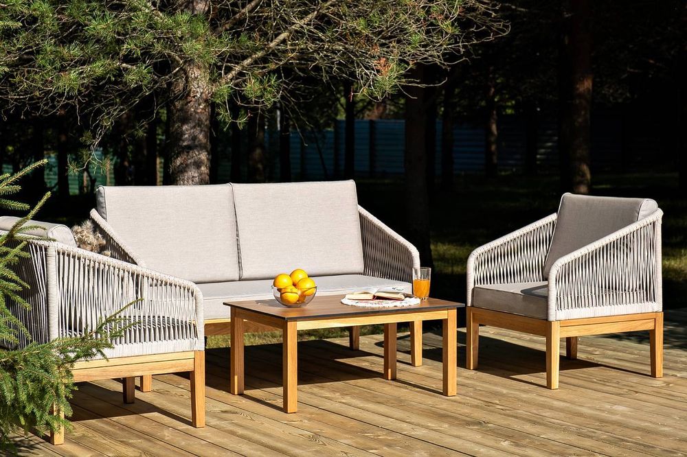 "Канны" лаунж-зона 4-местная из роупа со столиком "Канны" цвета "дуб", основание дуб, роуп бежевый