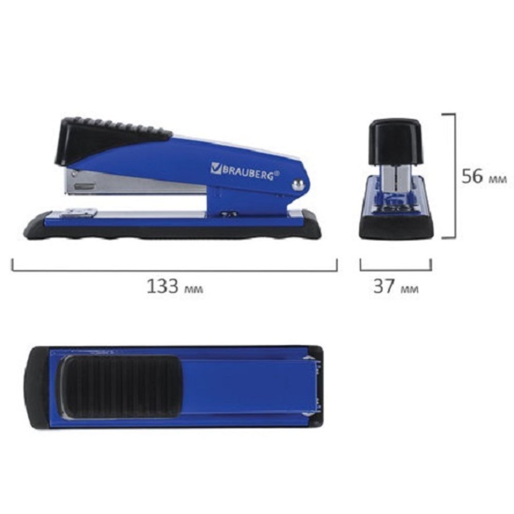 Степлер №24, Brauberg Office, до 30л, металлический корпус, синий