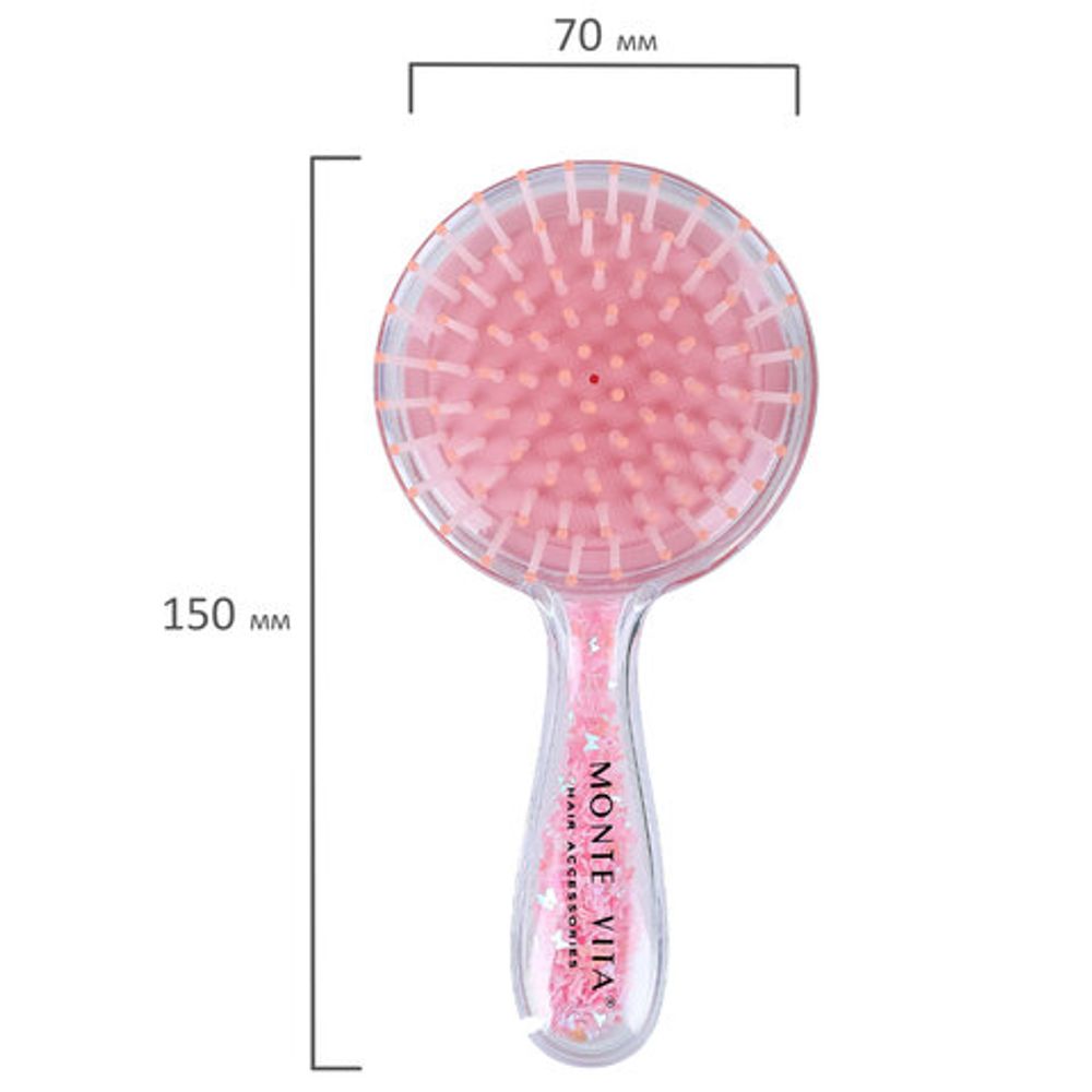 Расческа для волос массажная 15х7 см, с блестками прозрачный/розовый, MONTE VITA (МОНТЕ ВИТА), 457424