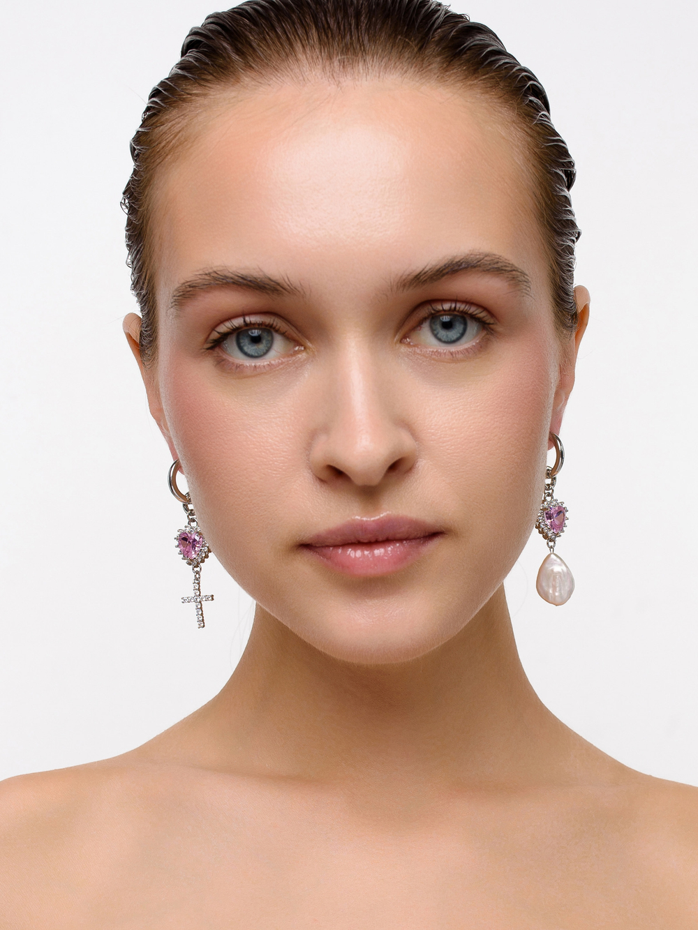 Серьги "Cross pearl Pink" Silver