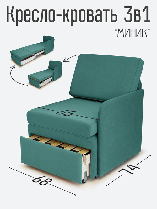 Кресло-кровать "Миник" с левым подлокотником, под правую руку, велюр Dream Mint