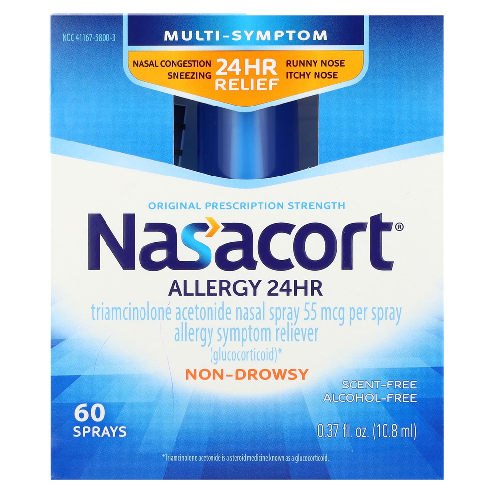 Nasacort, Multi-Symptom Allergy 24 HR, без спирта, без запаха, 55 мкг, 60 спреев, 10,8 мл (0,37 жидк. Унции)