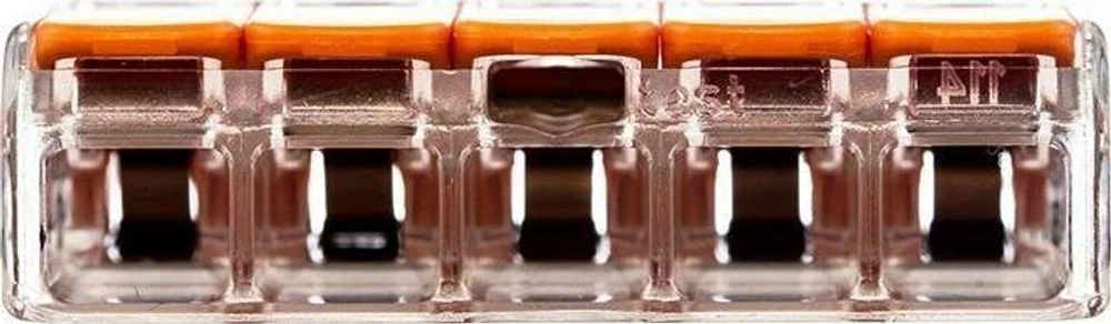 Клемма зажимная соединительная WAGO на 5 проводов 0,2-4мм.кв. с рычагами 221-415 10шт безвинтовая, 32 А, корпус прозрачный, рычаги оранжевые